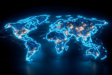 Digital map of the world with blue glowing connections between cities, representing global network and connectivity