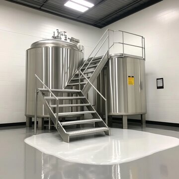Industrial tanks with a spilled liquid on a polished floor.