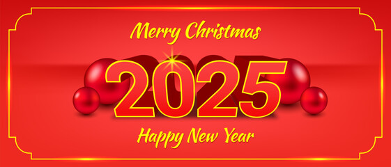 Vector holiday 3D banner. Merry Christmas and Happy New Year 2025. Greetings flyer. Red balls and gold glow frame. Festive postcard.