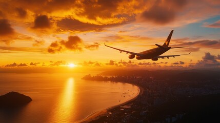 Airplane flying over coast during breathtaking sunset, casting golden hues on ocean and clouds for a serene travel moment.