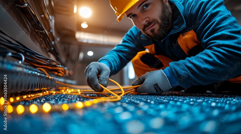Poster an electrician works diligently on the wiring system inside a commercial building, carefully managin