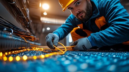 An electrician works diligently on the wiring system inside a commercial building, carefully managing orange cables on the floor while ensuring everything is properly connected.