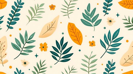 Fototapeta premium A modern biophilic pattern featuring soft green leaves intertwined with subtle vines, arranged on a light beige background, giving a calming and organic feel for nature-inspired designs.