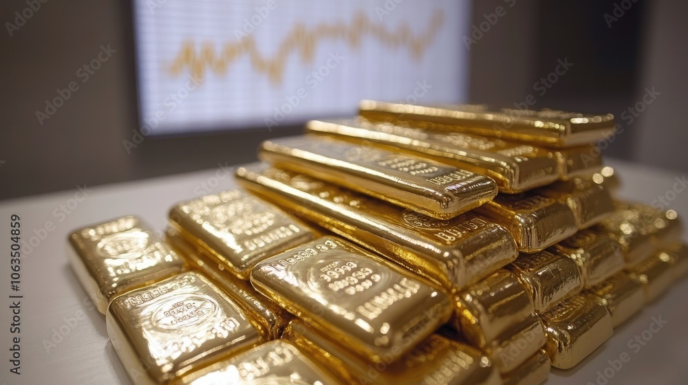 Poster gold bars stacked on display with financial chart background