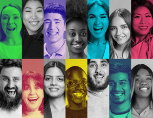 Collage. Portraits in bold colors and monochrome, of men and women smiling, showing joyful and...