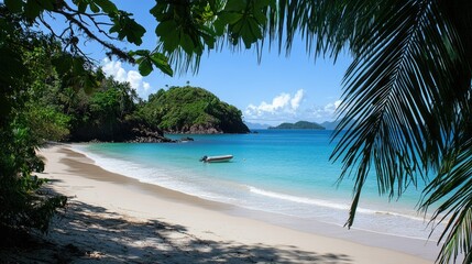 Serene Tropical Beach with Clear Water and Greenery