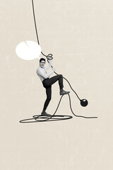 Vertical photo collage of angry man hold rope bomb detonation bubble speak military conflict...