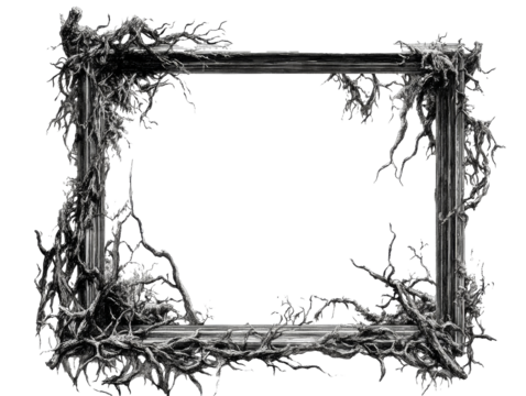 Intricate roots envelop a weathered picture frame, cut out transparent