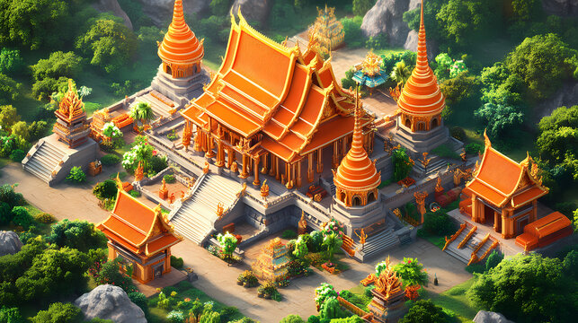 3d rendered isometric thai temple model on isometric 3d tile, a golden buddhist temple in thailand. thai temple. illustration. Buddhist Monastery. Illustration