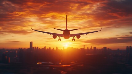 Airplane silhouette against vibrant sunset sky, soaring over city skyline, symbolizing travel and adventure in a breathtaking scene.
