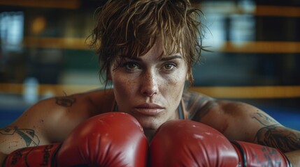 A focused female boxer with red boxing gloves rests in a gym. She has short hair and tattoos, embodying strength and determination.