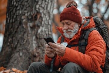 A senior hiker in a red jacket and beanie sits outdoors, checking a device, surrounded by autumn leaves. He carries a backpack and appears thoughtful.