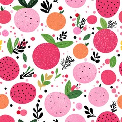A colorful pattern featuring various fruits and leaves on a white background.