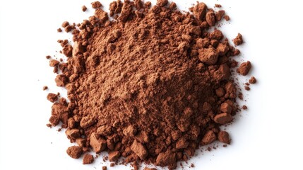 top view of a pile of rich cocoa powder isolated on a clean white surface, showcasing its fine texture and deep brown color, evoking a sense of indulgence and culinary possibility