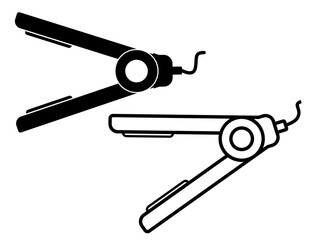 Hair straightener tamplet vector icon. Hair iron. Temporary straightening of curly hair with heating. Hair styling tools. Flat illustration. Contour symbol. Vector