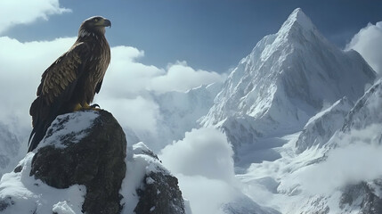 Eagle Perched on Mountain Peak, snow, clouds, sky, bird, wildlife