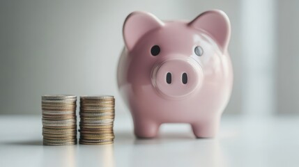 Piggy Bank with Stacked Coins on Table