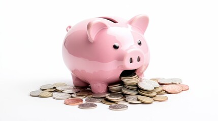 Cute Pink Piggy Bank Surrounded by Coins
