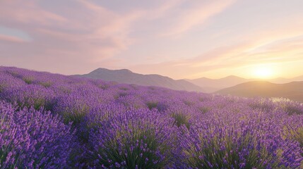Fototapeta premium A picturesque lavender field in full purple bloom, spreading out under a clear sky, with cool, crisp air and an idyllic, fresh landscape typical of colder climates.
