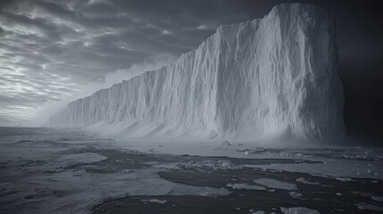 Majestic Glacier Wall in Arctic Landscape Dramatic Ice Formations Under Cloudy Sky