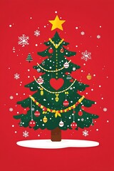 Obraz premium Festive Christmas Tree Illustration with Heart Ornaments and Snowflakes on Red Background : Generative AI