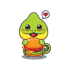Chameleon eating burger cartoon vector illustration
