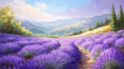 Obraz premium A picturesque lavender field in full purple bloom, spreading out under a clear sky, with cool, crisp air and an idyllic, fresh landscape typical of colder climates.