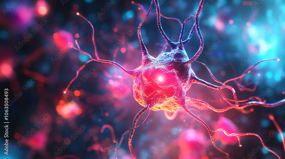 Poster 3d illustration of an active neuron sending signals through the nervous system with a blurred backgr