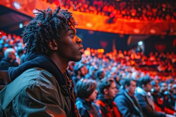 A large group of people intently watching a sports event, with vibrant lighting and a sense of excitement in the air.