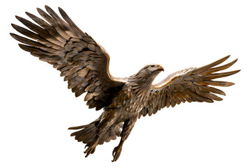 Fototapeta premium a bald eagle soars gracefully against a pristine white backdrop, showcasing intricate details in dark brown and yellow hues