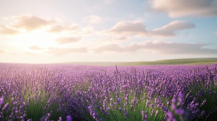 Fototapeta premium Lavender field stretching toward the horizon, vivid purple blossoms reaching up to meet a pristine sky; the setting evokes the refreshing, cool climate of a countryside.