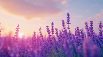 Fototapeta premium Lavender field stretching toward the horizon, vivid purple blossoms reaching up to meet a pristine sky; the setting evokes the refreshing, cool climate of a countryside.