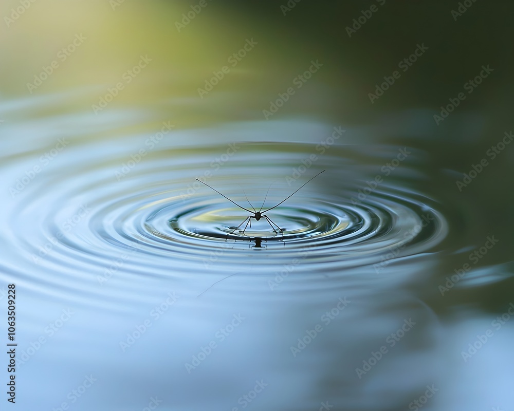 Poster delicate water strider gliding across serene pond surface creating ripple patterns