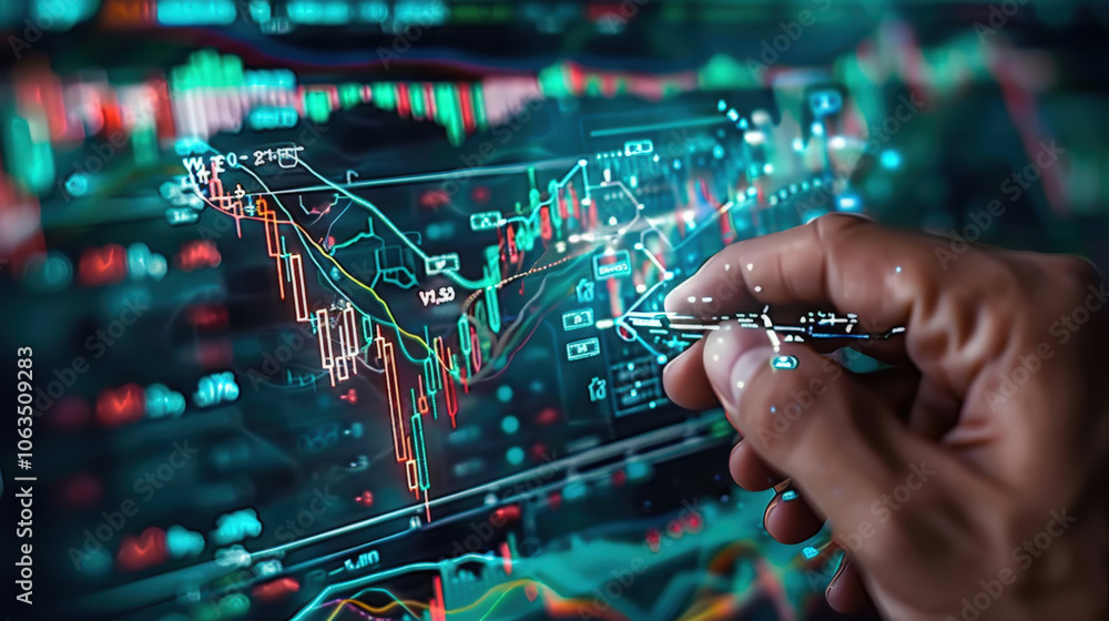 Poster person analyzing animated stock chart with moving lines, showcasing financial data and trends. vibra
