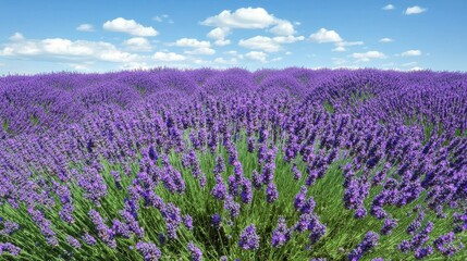 Fototapeta premium Lavender field stretching toward the horizon, vivid purple blossoms reaching up to meet a pristine sky; the setting evokes the refreshing, cool climate of a countryside.