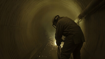 Fototapeta premium Worker Welding in Tunnel, underground, construction, repair, maintenance, safety