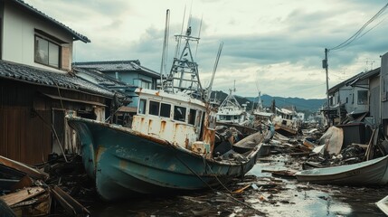 Fototapeta premium Boats Amidst Ruins After Fishing Disaster