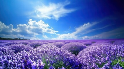 Naklejka premium Vibrant lavender field under a perfect sky, the deep purple hues contrasting beautifully with the bright blue above, capturing the essence of a cool, refreshing day.