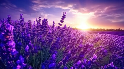 Obraz premium Vibrant lavender field under a perfect sky, the deep purple hues contrasting beautifully with the bright blue above, capturing the essence of a cool, refreshing day.