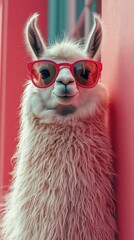 Naklejka premium creative concept featuring a stylish llama wearing fashionable sunglasses against a solid pastel background capturing a playful and whimsical vibe for advertising