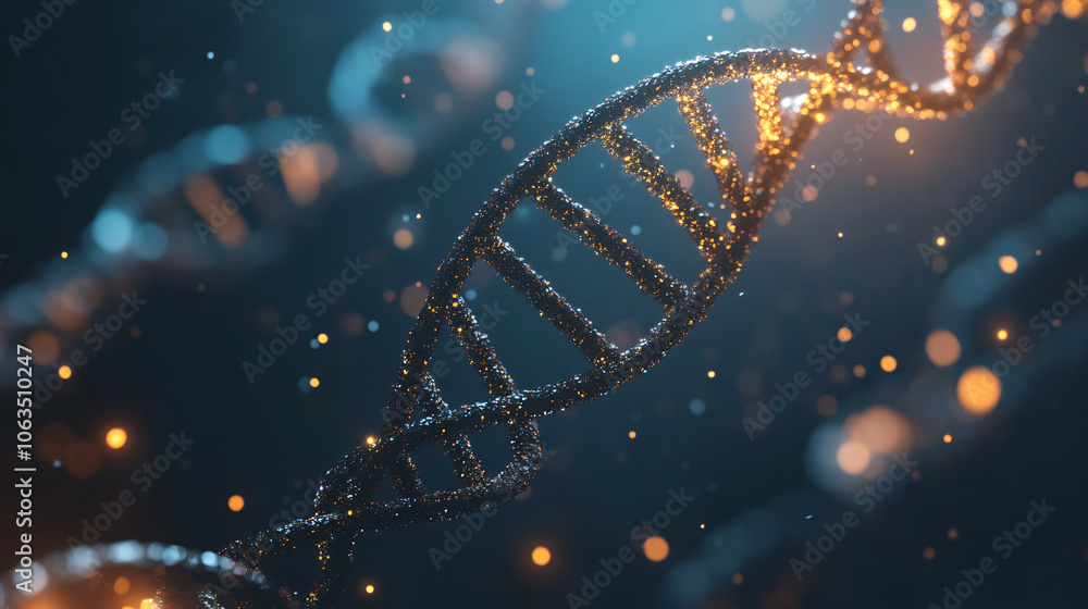 Aufkleber Glowing dna strand with particles on dark blue background, showcasing science and biology complexity. Abstract 3d rendering invites pondering life mysteries