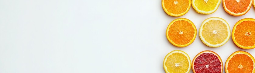 Colorful citrus slices arranged on a white background.