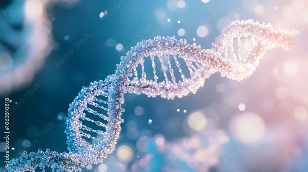 Poster dna strand is forming with particles against a blue background with lens flares