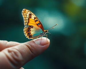 Obraz premium Delicate Butterfly Graces Human Finger Symbolizing Nature s Connection