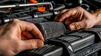 Close up of hands checking car air filter, showcasing intricate details of engine components. This highlights importance of regular maintenance for vehicle performance and safety
