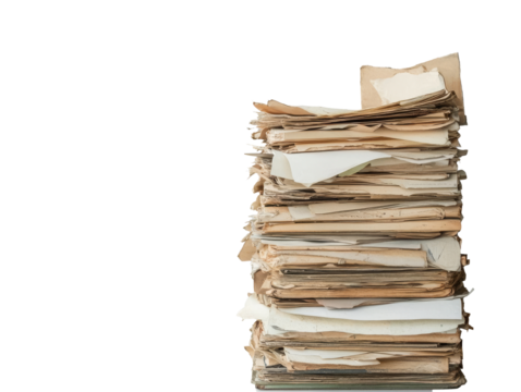 A tall stack of dusty papers on a white background, cut out transparent