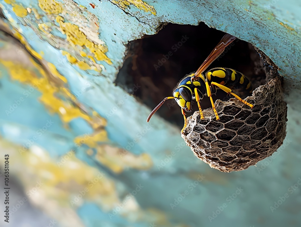 Poster vibrant wasp constructing nest under roof eaves symbolizing structure and power of creation