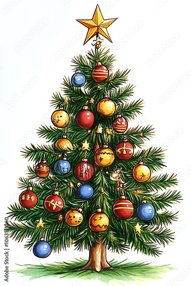 Poster sparkling christmas tree adorned with bright ornaments and topped with a star : generative ai
