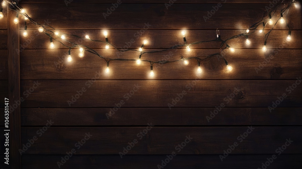 Poster glowing string lights illuminate a dark wooden background, creating a festive atmosphere perfect for
