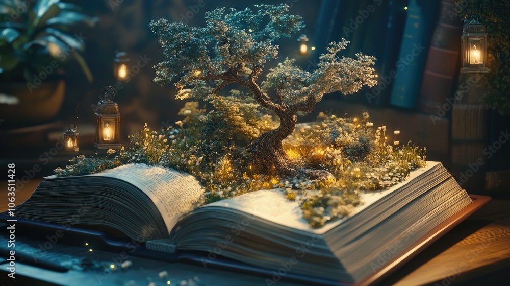 Poster Enchanted Book with Tree and Lanterns Illuminating Scene